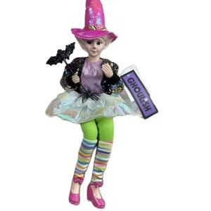 Fairy Elf Black Bat NEW Halloween Posable Sitting Sequin Jacket Striped Pants